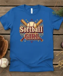 Softball Girl text with crossed bats and softball graphic on a blue t-shirt