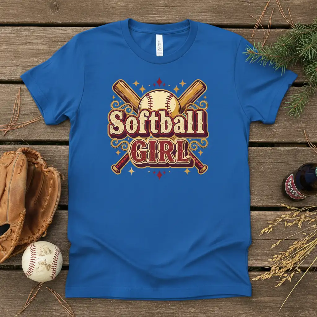 Softball Girl text design with crossed bats and softball graphic on a blue t-shirt