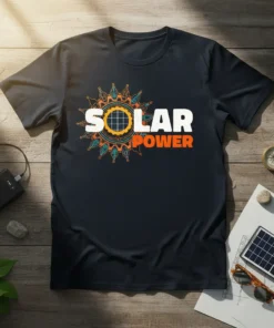 SOLAR POWER text design with a stylized sun graphic, featuring white and orange lettering on a dark t-shirt