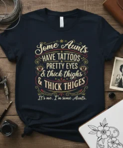 T-shirt with the quote "Some Aunts HAVE TATTOOS PRETTY EYES & thick thighs & THICK THIGES It's me. I'm some