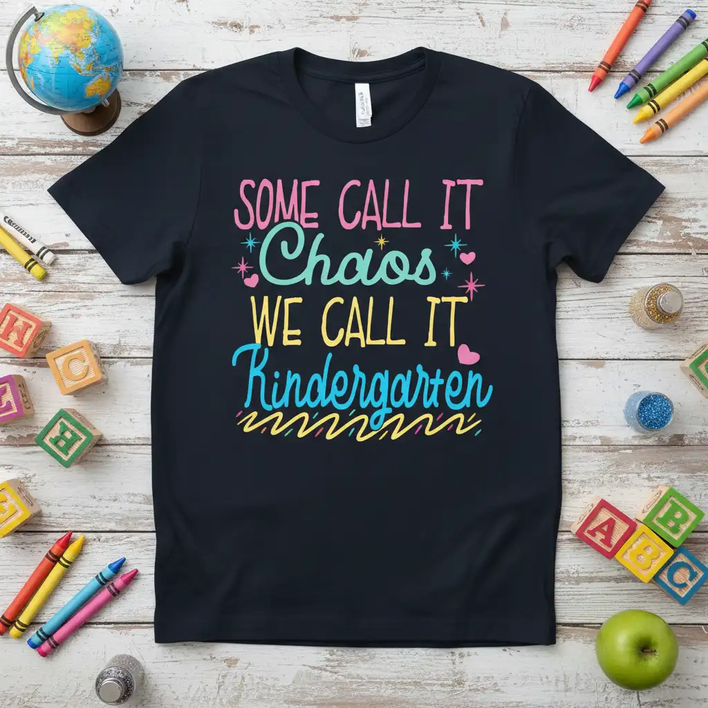 Some Call It Chaos We Call It Kindergarten quote in bright, whimsical lettering on a dark t-shirt