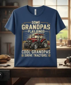 T-shirt featuring the quote "Some Grandpas Play Bingo, Cool Grandpas Drive Tractors" with a red tractor graphic and vintage sunburst