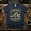 Some Grandpas Take Naps Real Grandpas Ride Motorcycles quote on a navy t-shirt with a vintage motorcycle graphic