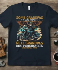 Some Grandpas Take Naps Real Grandpas Ride Motorcycles quote on a navy t-shirt with a vintage biker graphic and wings