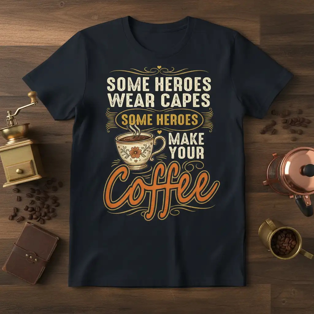 Some Heroes Wear Capes Some Heroes Make Your Coffee quote with coffee cup illustration on dark heather tee