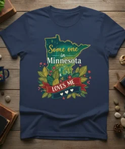 Minnesota outline map with "Some One in Minnesota LOVES ME" text and floral accents on a navy blue t-shirt