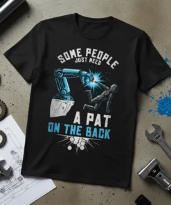 Some People Just Need A Pat On The Back t-shirt design with robot welder graphic and distressed text