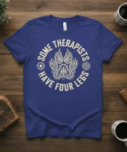 Some Therapists Have Four Legs quote on a blue t-shirt with a decorative paw print graphic