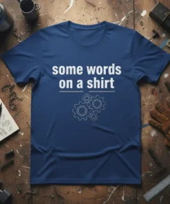 Navy blue t-shirt with "some words on a shirt" in white text and gear graphics