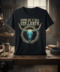 Western T-Shirt with "Some Of Y'all Don't Know What Happened To" text and a teal longhorn skull graphic surrounded by