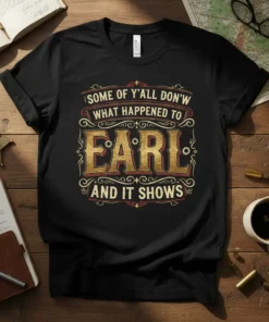 Black t-shirt featuring the quote "Some Of Y'all Don'w What Happened To Earl And It Shows" in a distressed vintage
