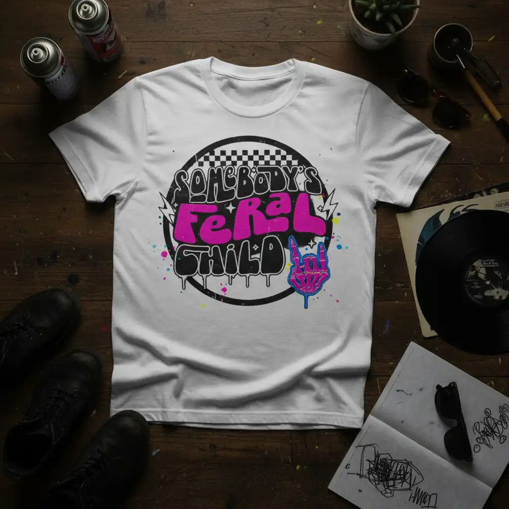 Somebody's Feral Child graffiti text design with pink rock hand symbol and checkered border