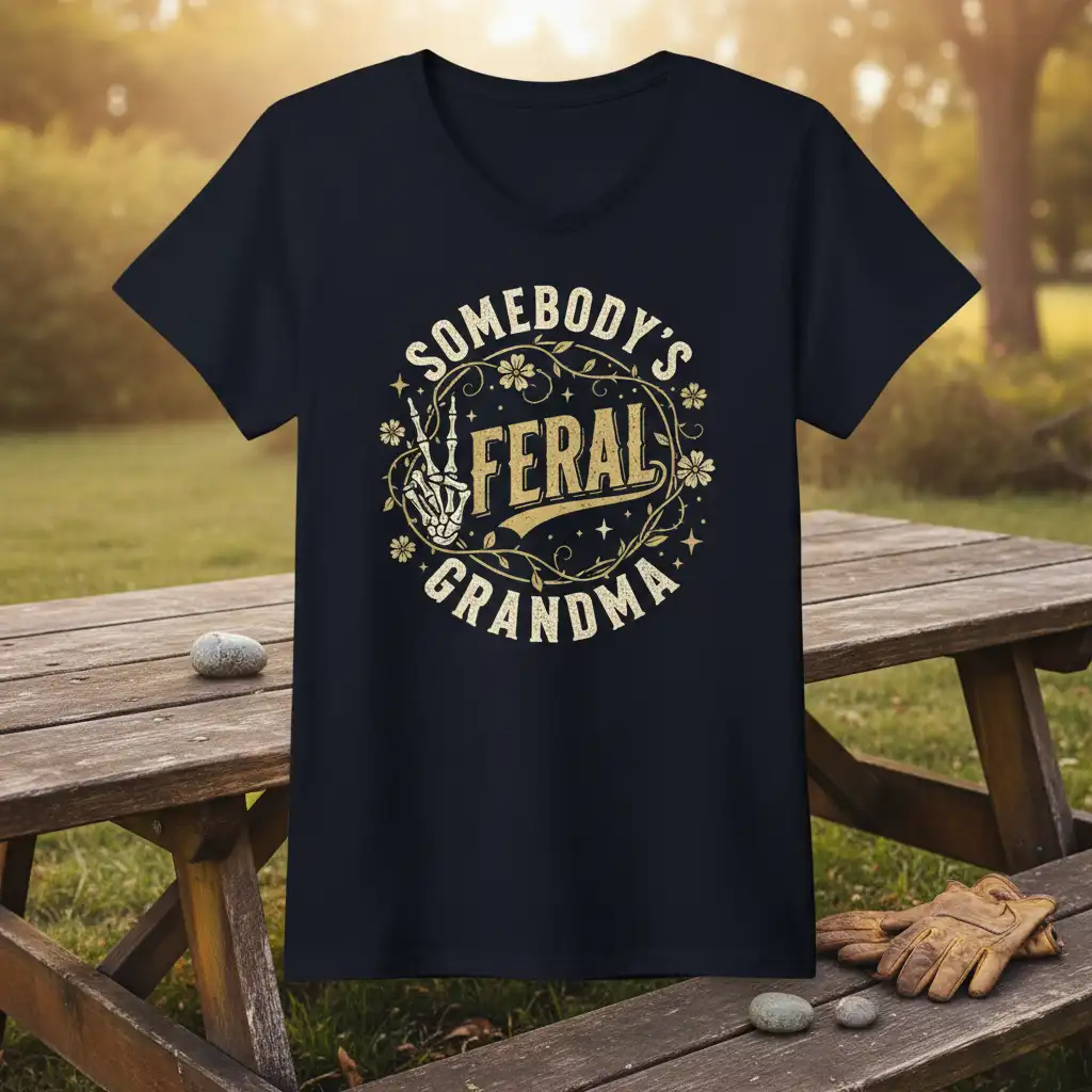 Somebody's Feral Grandma quote with vintage distressed typography and skeleton peace sign graphic