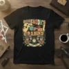 Somebody's Feral Granny Est. 1960 text with tigers and vintage clock design on a black t-shirt