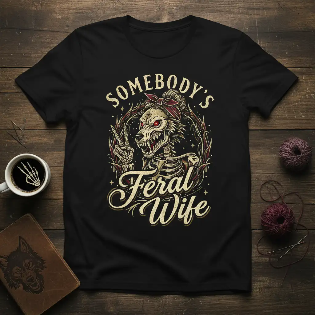 Somebody's Feral Wife quote with skeleton werewolf illustration and gothic design elements