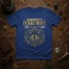 Somebody's Feral Wife t-shirt with a fierce wolf head graphic and gold lettering