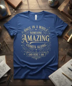 Blue t-shirt with gold text quote: "Once In A While Someone Amazing Comes Along And Here I Am"