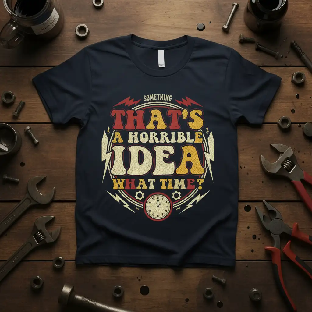 Something That's A Horrible Idea What Time? quote with retro typography and clock graphic on a navy t-shirt