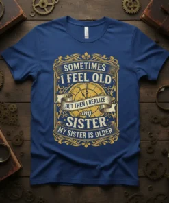 Sometimes I Feel Old But Then I Realize My Sister My Sister Is Older quote on a blue t-shirt with