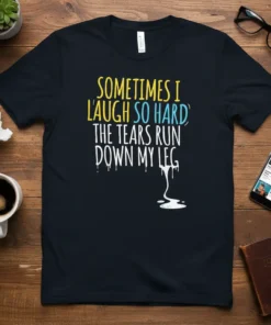 Black t-shirt with yellow and blue text that reads "SOMETIMES I LAUGH SO HARD THE TEARS RUN DOWN MY LEG"