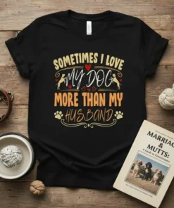 Black t-shirt with white and orange text that reads "Sometimes I Love My Dog More Than My Husband", featuring dog