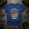 Sometimes I Question My Sanity quote on a blue t-shirt, featuring a steampunk-inspired design with gears and ornate text