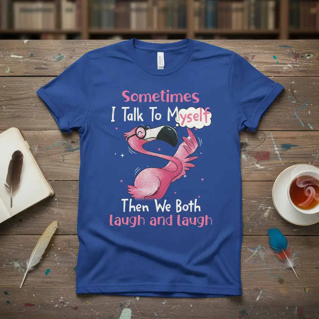 Sometimes I Talk To Myself Then We Both laugh and laugh quote with a funny flamingo graphic on a blue t-shirt