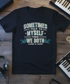 Sometimes I Talk To Myself Then We Both Laugh & Laugh quote on a black t-shirt, vintage distressed font, with