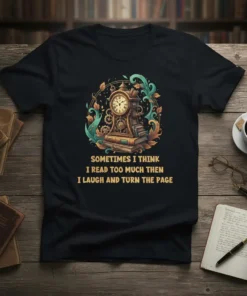 T-shirt with "Sometimes I Think I Read Too Much Then I Laugh and Turn the Page" quote and vintage clock