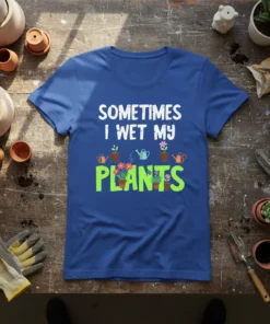 Sometimes I Wet My Plants funny gardening quote on a blue t-shirt with plant graphics