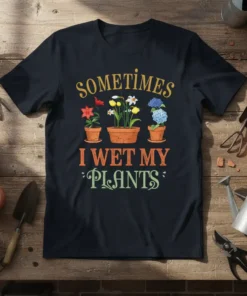 Sometimes I Wet My Plants quote on a black t-shirt with potted flowers graphic, gardening humor design