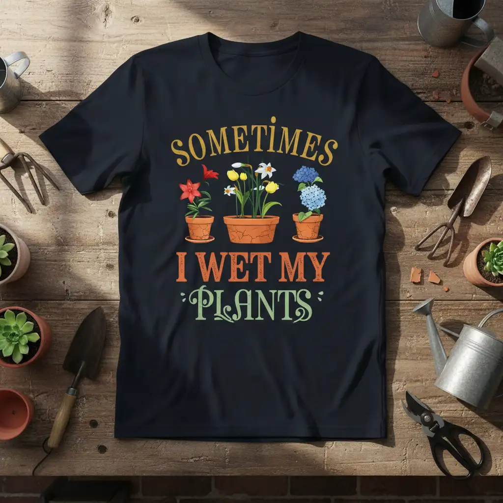 Sometimes I Wet My Plants humorous quote with potted flowers graphic on a black t-shirt