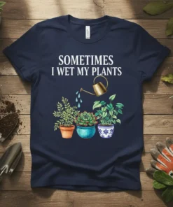 Navy t-shirt with white text "Sometimes I Wet My Plants" above a watercolor illustration of three potted plants being watered