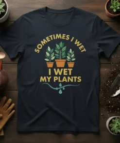 Sometimes I Wet My Plants t-shirt featuring potted plants and water droplets graphic