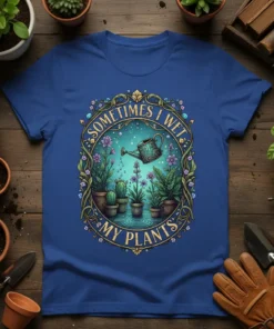 Sometimes I Wet My Plants quote on a t-shirt with a watering can and potted plants graphic