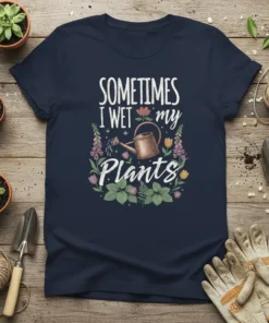 Sometimes I Wet My Plants quote on a navy blue t-shirt with a watering can and floral graphics