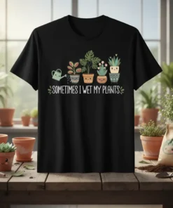Sometimes I Wet My Plants quote on a black t-shirt with cute cartoon potted plants and a watering can graphic