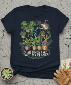 Sometimes I Wet Wet My Plants quote on a navy t-shirt surrounded by various potted houseplants and a watering can