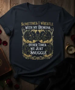 Sometimes I Wrestle With My Demons Other Times We Just Snuggle quote on a dark t-shirt with gothic demon graphics
