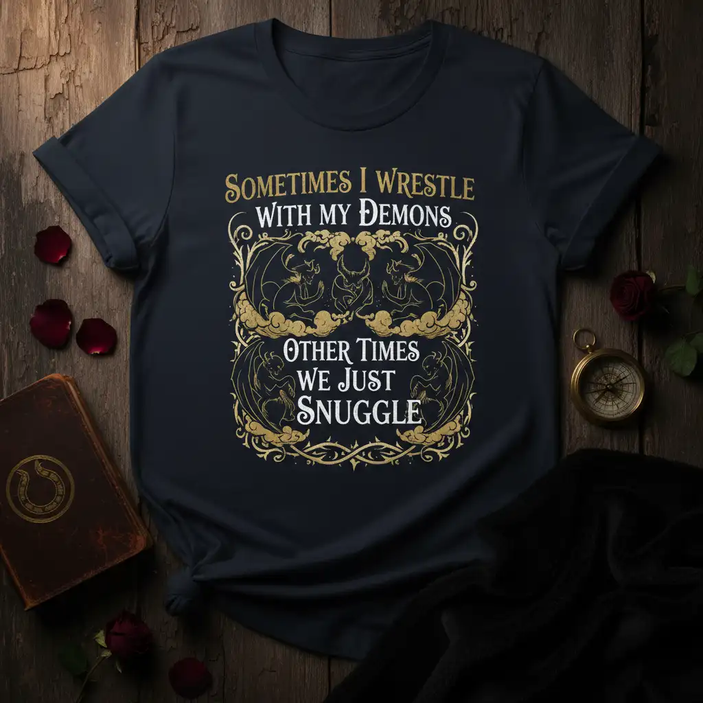 Sometimes I Wrestle With My Demons Other Times We Just Snuggle quote t-shirt with intricate demon graphics