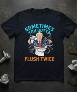 Sometimes You Gotta Flush Twice t-shirt design featuring Donald Trump in a toilet, bold text, political humor