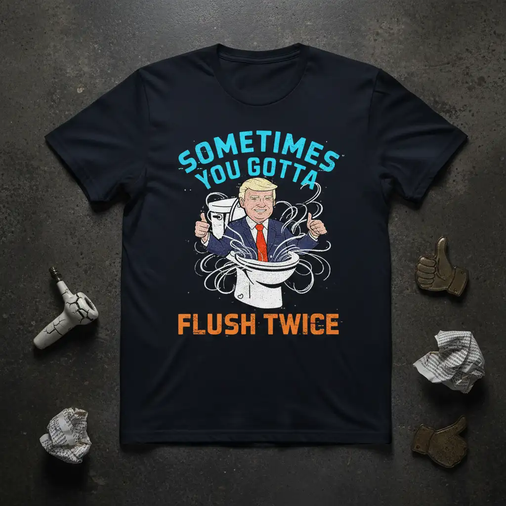 Sometimes You Gotta Flush Twice political humor t-shirt with Donald Trump graphic and bold lettering