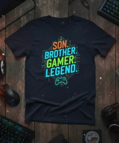 SON. BROTHER. GAMER. LEGEND! text in vibrant colors with a gamepad graphic, on a dark navy t-shirt
