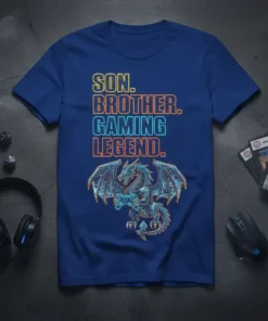 SON. BROTHER. GAMING LEGEND. bold graphic design printed on comfortable cotton t-shirt