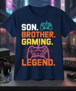 SON. BROTHER. GAMING. LEGEND. text with neon game controllers on a navy t-shirt