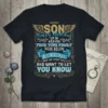 Son Happy Birthday Up In Heaven t-shirt with gold wings, halo, and blue text stating "We love you and we