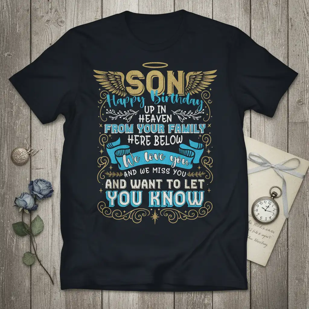 Son Happy Birthday Up In Heaven t-shirt with wings and halo, family remembrance message printed in gold and blue