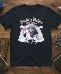 Sonlinly Boloro Ehrn Dophur text with grim reaper on unicorn, rainbow, and clouds graphic