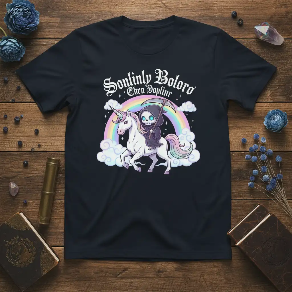 Sonlinly Boloro Ehrn Dophur text and grim reaper unicorn graphic on a black t-shirt
