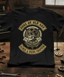 Sons of Old Age Aches & Pains Chapter t-shirt design with a skull, goggles, helmet, pistons, and banners